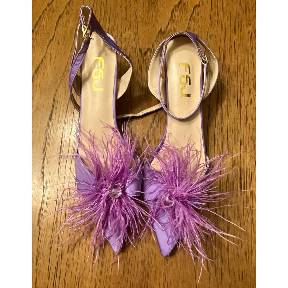 FSJ Purple Satin Pointed Toe Strappy Ankle Strap Feather Pumps Party US 7